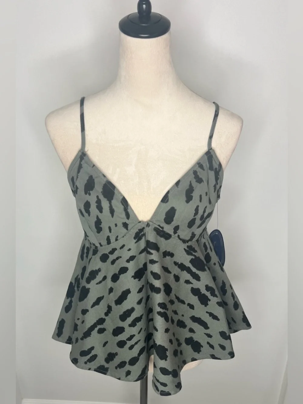 Olive Animal Print Peplum Tank Top-Size Medium - Picture 1 of 5
